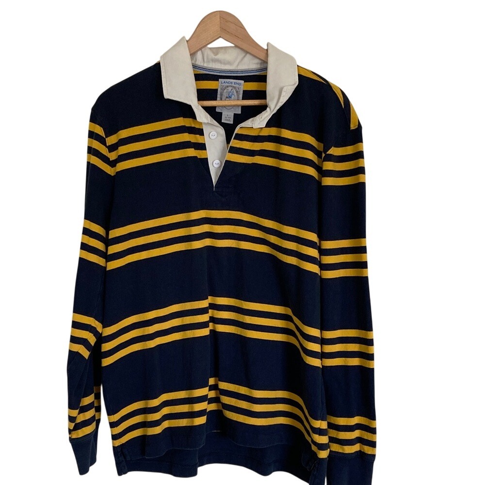 VTG Lands End Mens‎ Rugby Shirt Size Large Blue Yellow White Collar 90s Stripe